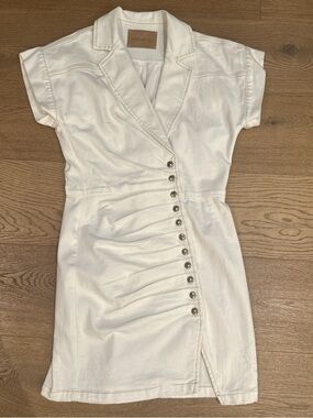 Retrofete Cream Denim Button-Front Ruched Mini Dress